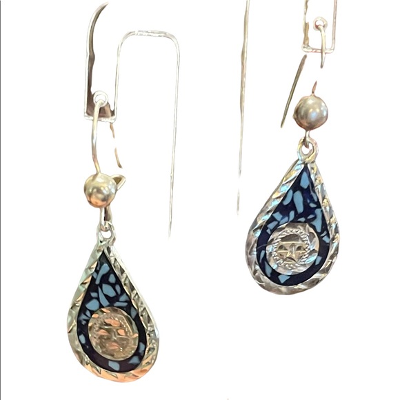 Vintage Sterling Mexico stone inlay Mayan Symbol Fancy dangle earrings - Picture 1 of 4